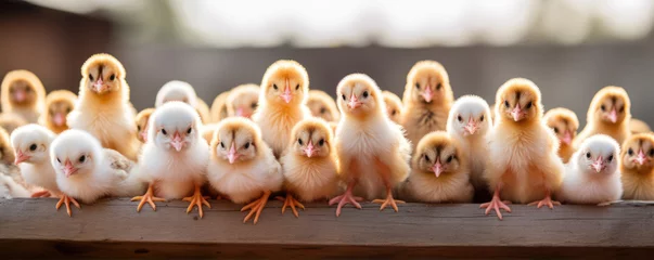 Fotobehang Small litte chikens, young cute yellow chicks in breeding farm. © Milan