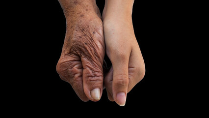 Close-up of the hands of an old woman and a young woman holding hands. on a white and black background. - obrazy, fototapety, plakaty