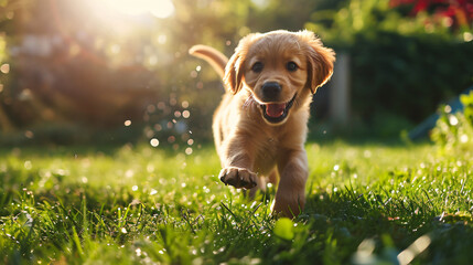 A golden retriever puppy playing in a sunlit garden its fur glistening in the light exuding joy and playfulness.