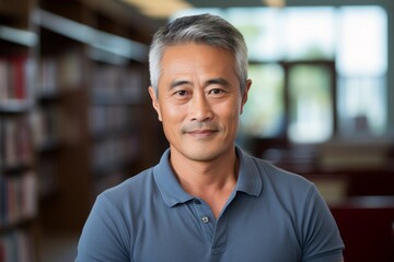 Portrait of a smiling asian man in his 50s dressed in a casual t-shirt against a classic library interior. AI Generation