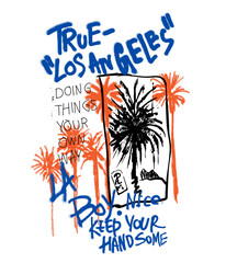 Summer graffiti print, graffiti text print, palm tree vector, spray effects for tropical summer print, slogan for Los Angeles tee shirt design - obrazy, fototapety, plakaty