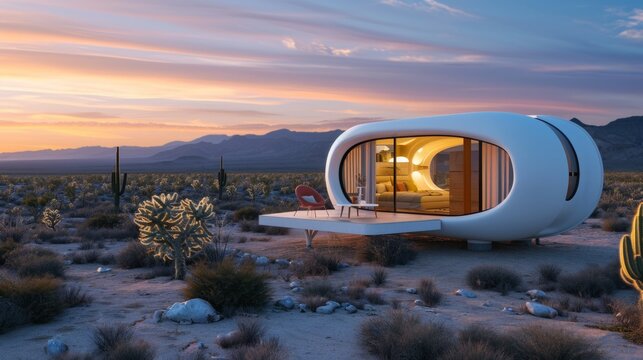 White glossy tiny house in futuristic style in desert or beach, agave, cactus, capsule round form, golden hour evening dusk, stones, bright style