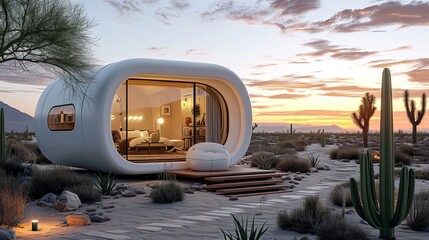 White glossy tiny house in futuristic style in desert or beach, agave, cactus, capsule round form, golden hour evening dusk, stones, bright style