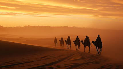 A group of nomads traveling on camels across a desert at dawn.