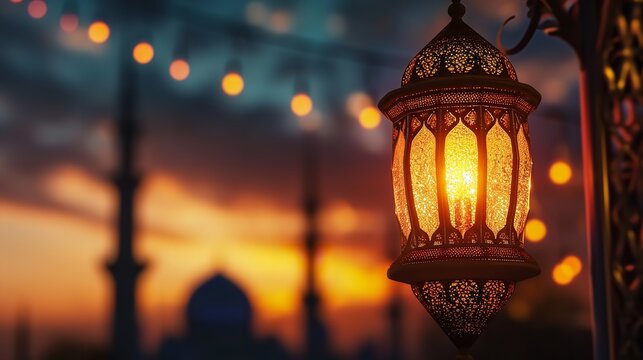 Illustration lamp of a ramadan kareem latern with mosque