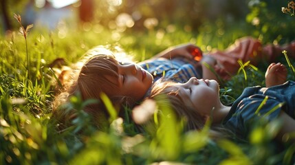 Two cute little girls lying on green grass in summer park at sunset
