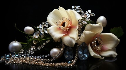 pearl necklace on black,white flowers on a black background
