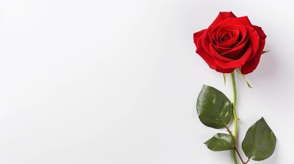 Red rose single on white background. Valentine's day-wedding. greeting card. advertisement. copy text space.	
