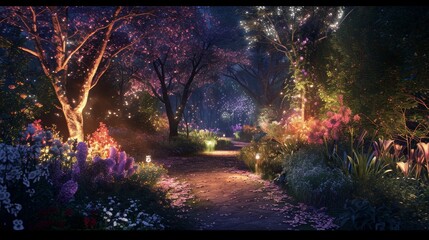 Obraz premium The Enchanted Garden: An Illuminated Haven at Dusk