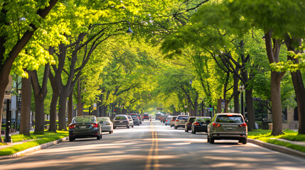 Traffic flowing smoothly on a green tree-lined urban boulevard in spring. - obrazy, fototapety, plakaty