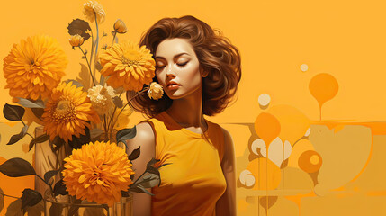 Sunshine Yellow background with a woman portrait, utilizing bold tones, dreamy textures, and subtle details to create a visually rich and emotionally resonant composition Ai Generative
