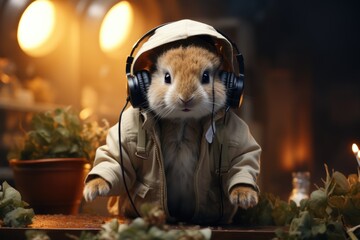 Amused Guinea Pig with Headphones