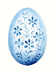 Drawing of a Easter Egg in blue Watercolors. White Background with Copy Space