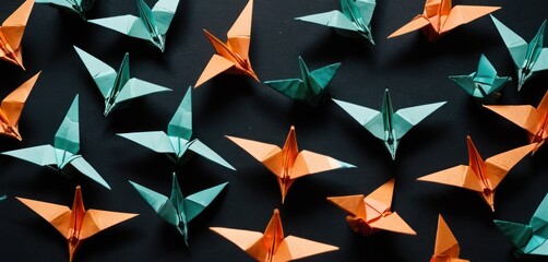  a group of origami birds sitting on top of each other on top of a black surface with orange and green origami cranes on top of them.