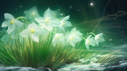 Fototapeta na wymiar Twilight Bloom: Snowdrops and Magical Bokeh..Ethereal snowdrops glow amidst a dreamlike bokeh.