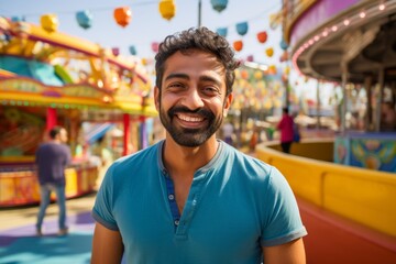 Fototapeta premium Portrait of a content indian man in his 30s wearing a breathable golf polo against a vibrant amusement park. AI Generation