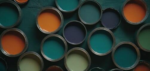  a close up of many paint cans with different colors of paint sitting on top of each other on a green surface with oranges and blue in the middle of the cans.