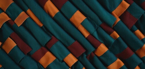  a close up of a piece of cloth with orange and teal strips on the edges of the fabric and a brown strip on the bottom of the top of the fabric.