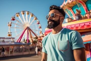 Portrait of a content indian man in his 30s wearing a breathable golf polo against a vibrant amusement park. AI Generation