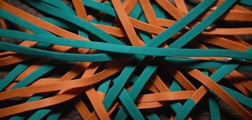 a close up of a bunch of orange and green ribbons on a wooden table with a blue ribbon in the middle of the picture and a green ribbon in the middle of the middle of the picture.