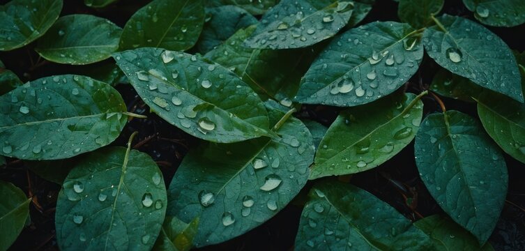  a close up of a bunch of leaves with drops of water on them and green leaves with green leaves with drops of water on them and green leaves with drops of water on them.