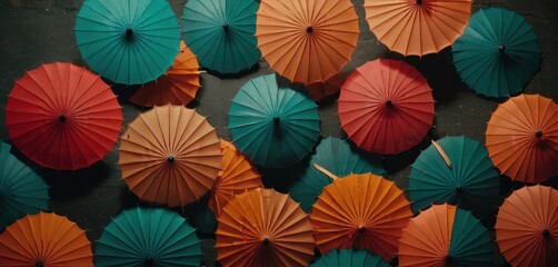 a group of multicolored umbrellas sitting next to each other on a black surface with a black wall behind them and a black wall behind the umbrellas.