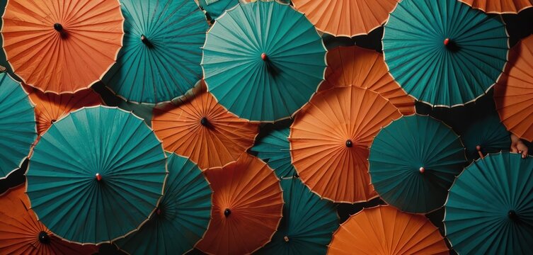  a bunch of orange and green umbrellas that are stacked on top of each other in the same pattern as a wall of orange and green umbrellas that are stacked on top of each other.