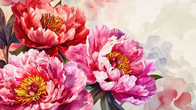 Vibrant Watercolor Peonies in Bloom. Brightly colored peonies with watercolor washes in a dynamic composition.