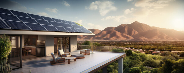 Modern house with roof full of solar panels. Residental home with safe energy in mountains nature.