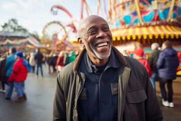 Fototapeta premium Portrait of a cheerful afro-american man in his 70s wearing a lightweight packable anorak against a vibrant amusement park. AI Generation