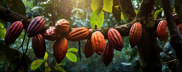 Cacao group pods on plant trees. - obrazy, fototapety, plakaty