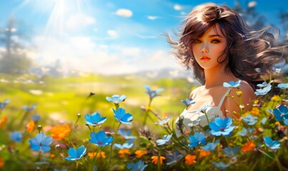Beautiful girl among blooming wildflowers. for articles or blogs about nature, beauty, spring or outdoor relaxation.