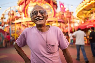 Obraz premium Portrait of a smiling indian elderly man in his 90s sporting a vintage band t-shirt against a vibrant amusement park. AI Generation