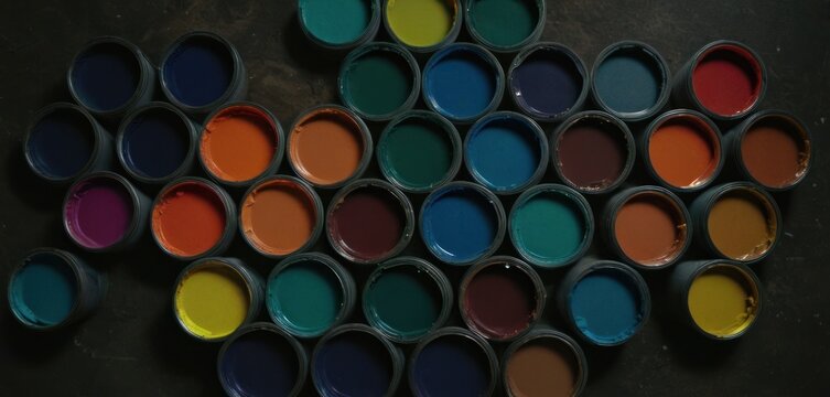  a group of paint cans with different colors of paint on the top of one and the bottom of the cans with different colors of paint on the bottom of the cans.