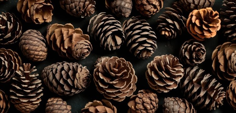  a group of brown pine cones sitting on top of a black table next to a pile of other brown pine cones on top of each of the same pine cone.
