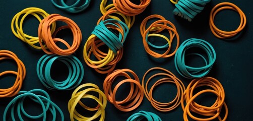  a bunch of different colored rubber bands laying on top of each other on a black surface next to a cup of teal, orange, yellow, blue, orange, and green.