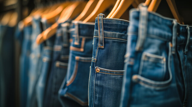 Close-up of jeans hanging on a rack in a store - Powered by Adobe