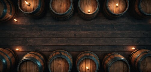  a bunch of wine barrels lined up against a wooden wall with a lit candle in the middle of one of them and a row of wine barrels in the background.