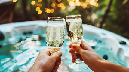 A couple toasting with champagne in a jacuzzi - obrazy, fototapety, plakaty