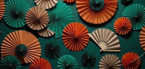 a group of paper fans sitting on top of a green wall next to a string of orange and green paper fan's on a green wall next to a green wall.