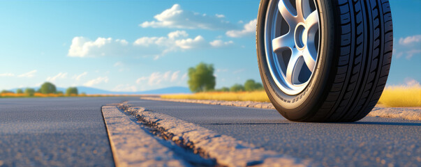 Summer tires on road in sunny day near beautiful nature. wide tire banner. copy space for text. - obrazy, fototapety, plakaty