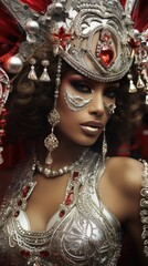 Brazilian Rio de Janeiro carnival, women wearing a costume vibrant colors,celebrating carnival