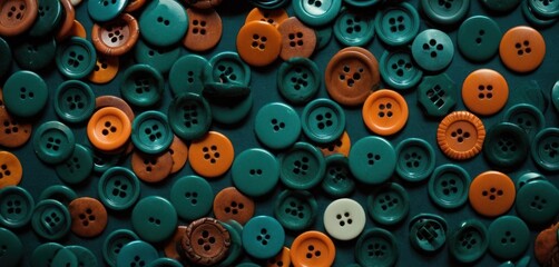  a group of orange and green buttons sitting on top of a dark green surface with a white button in the middle of the middle of the middle of the button.