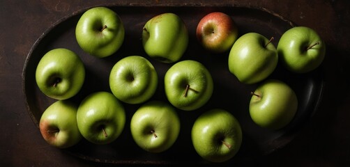  a group of green apples sitting on top of a black plate on top of a wooden table next to an orange and a black plate with a red apple on it.