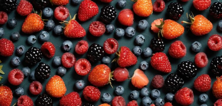 berries, raspberries, blueberries, and strawberries are arranged in a pattern on a black surface with a green leafy leafy leafy design.