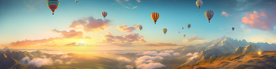 Obraz premium Hot air balloons flying above beautiful nature. copy space for your text.