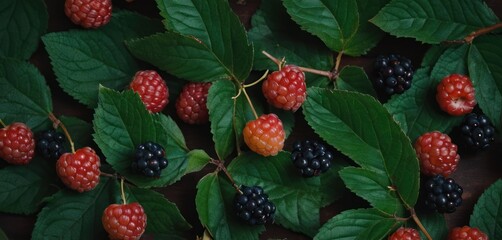  raspberries, blackberries, and raspberries are on the leaves of a plant with green leaves and red berries in the center of the berry area.