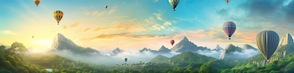 Hot air balloons flying above beautiful nature. copy space for your text.