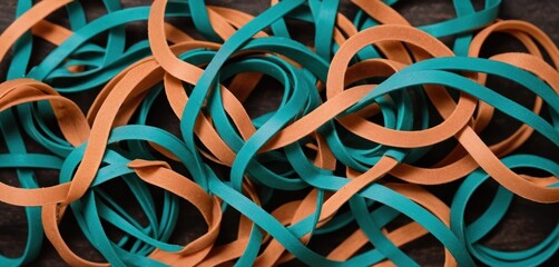  a close up of a bunch of blue and orange rubber bands on a wooden surface with a black surface in the background and a brown rubber band in the foreground.