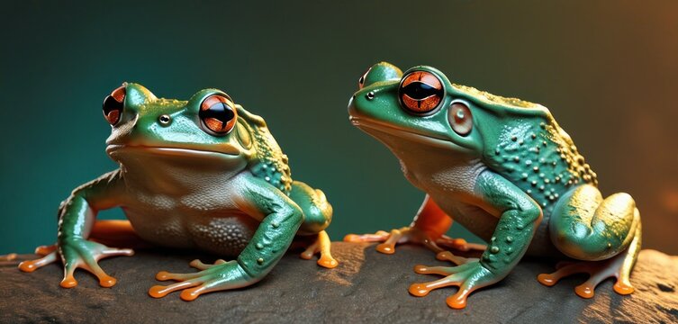  a couple of green frogs sitting on top of a tree branch in front of a green and orange background with a blurry image of the frog's head and the frog's eyes.